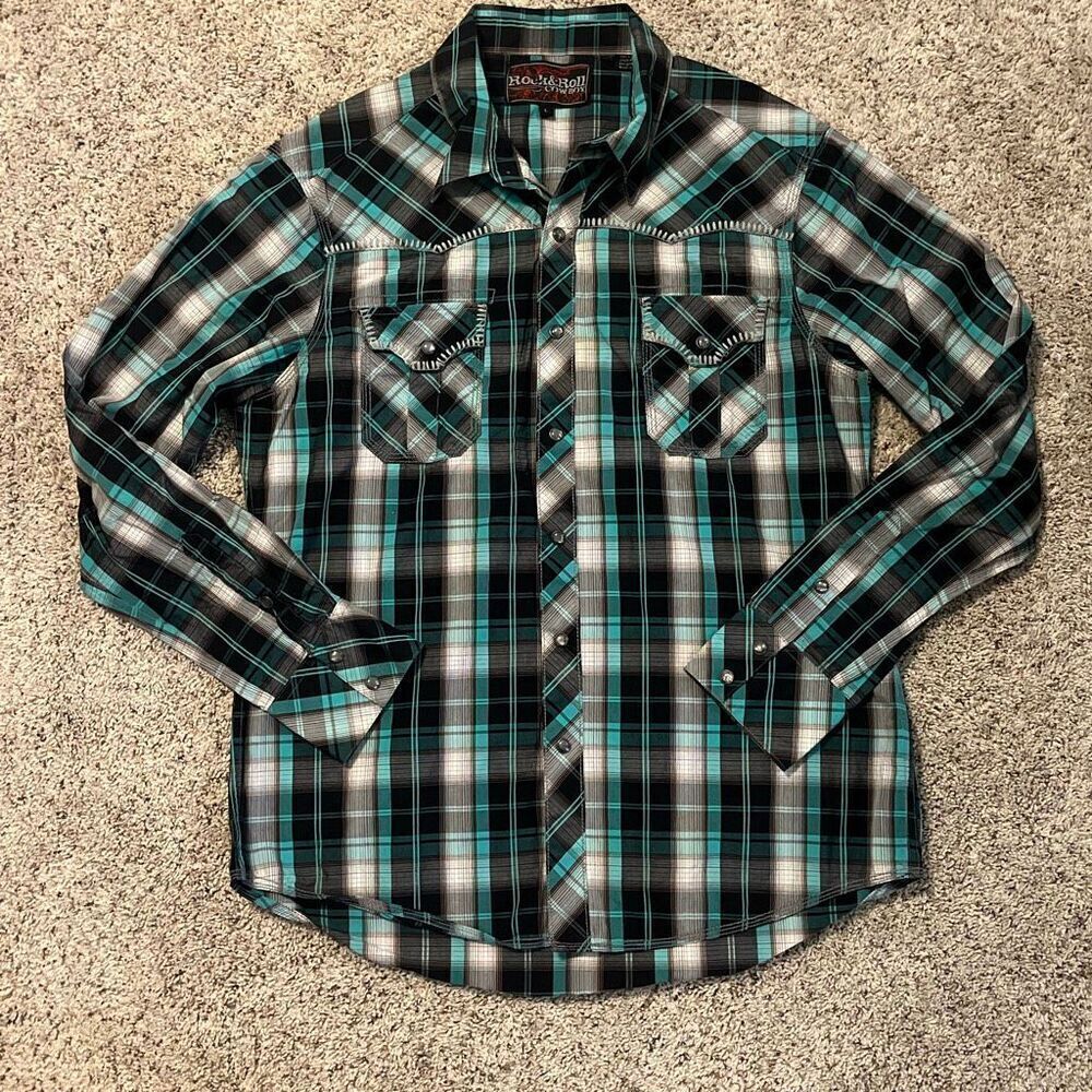 Rock & Roll Cowboy Plaid Long Sleeve Pearl Snap Shirt Large‎